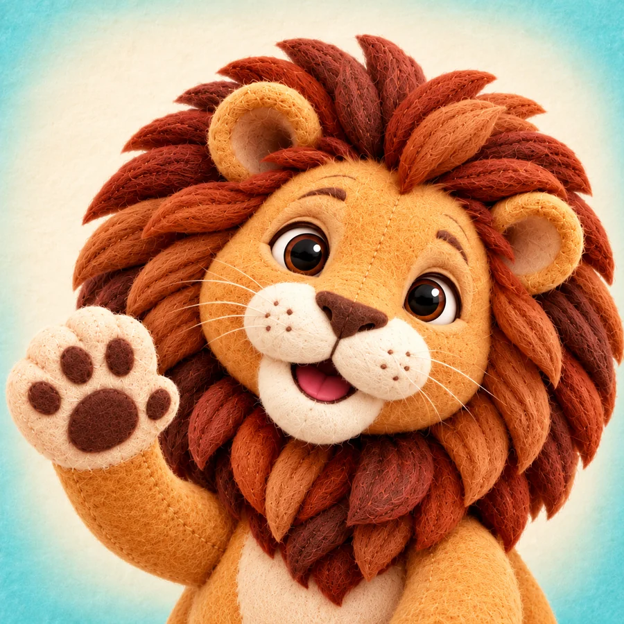 Leo, a friendly plush lion, waving hello